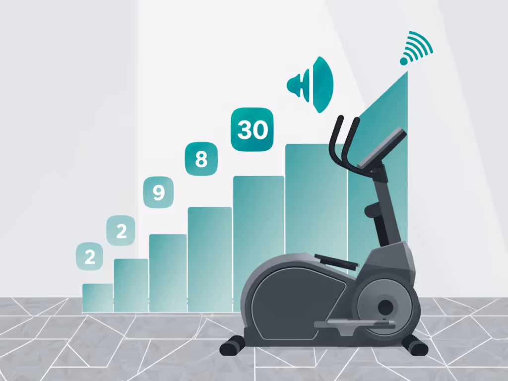 elliptical workout schedule showing progression from 15 to 30 minutes over 8 weeks with noise levels marked